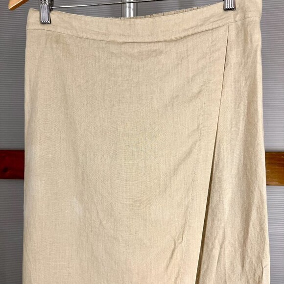 Eileen Fischer Tan 100% Linen A-Line Faux Wrap Midi Skirt Sz S - Picture 3 of 12